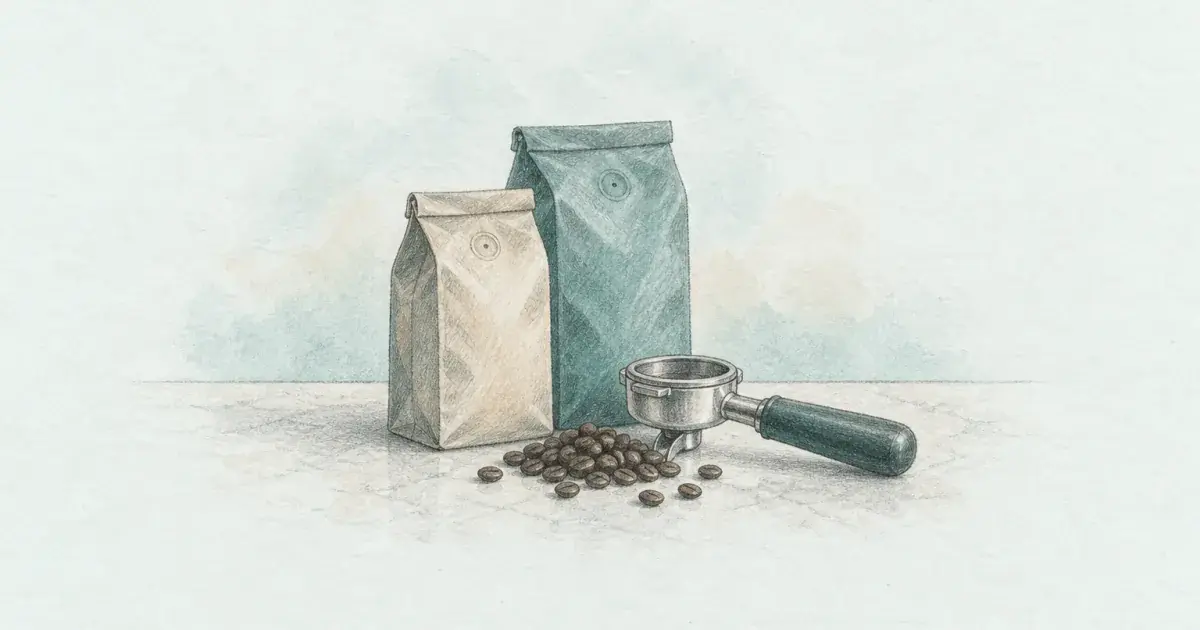 Bags of espresso beans beside a portafilter and grinder on a kitchen counter