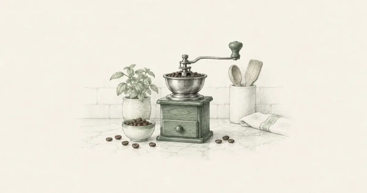 Burr coffee grinder with beans on a kitchen counter