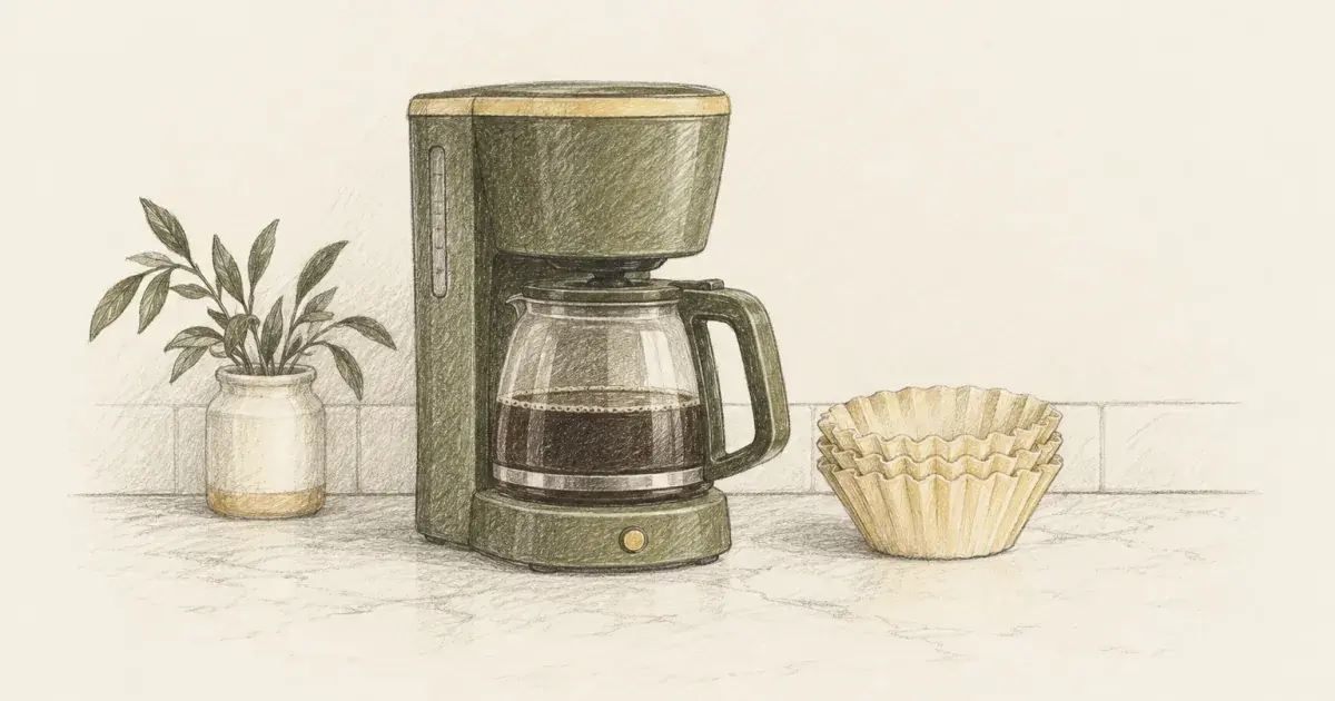 Drip coffee maker with glass carafe and filters on a kitchen counter