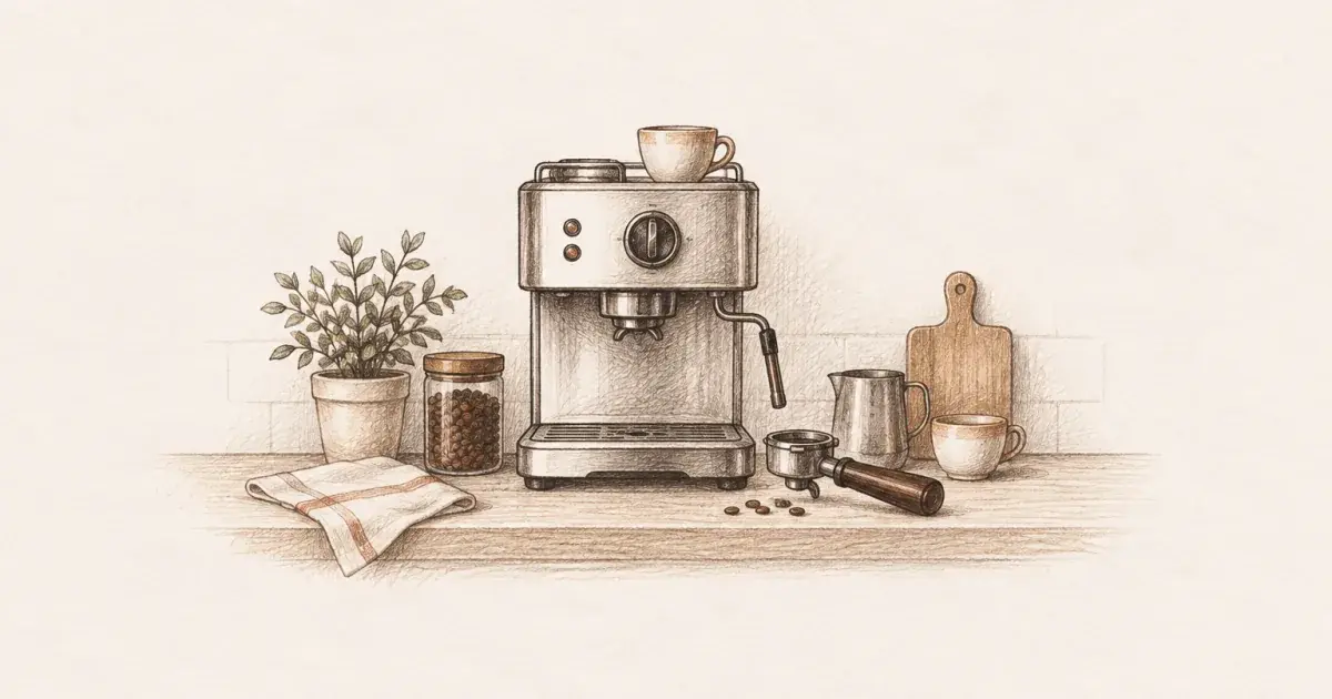 Home espresso machine with portafilter on a kitchen counter