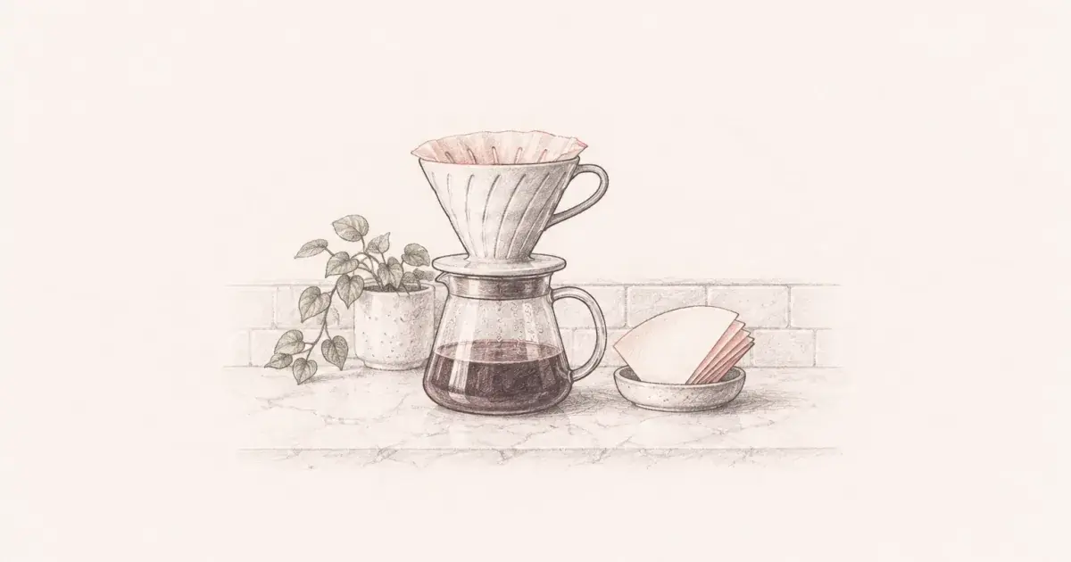 Pour over dripper and carafe on a kitchen counter with paper filters