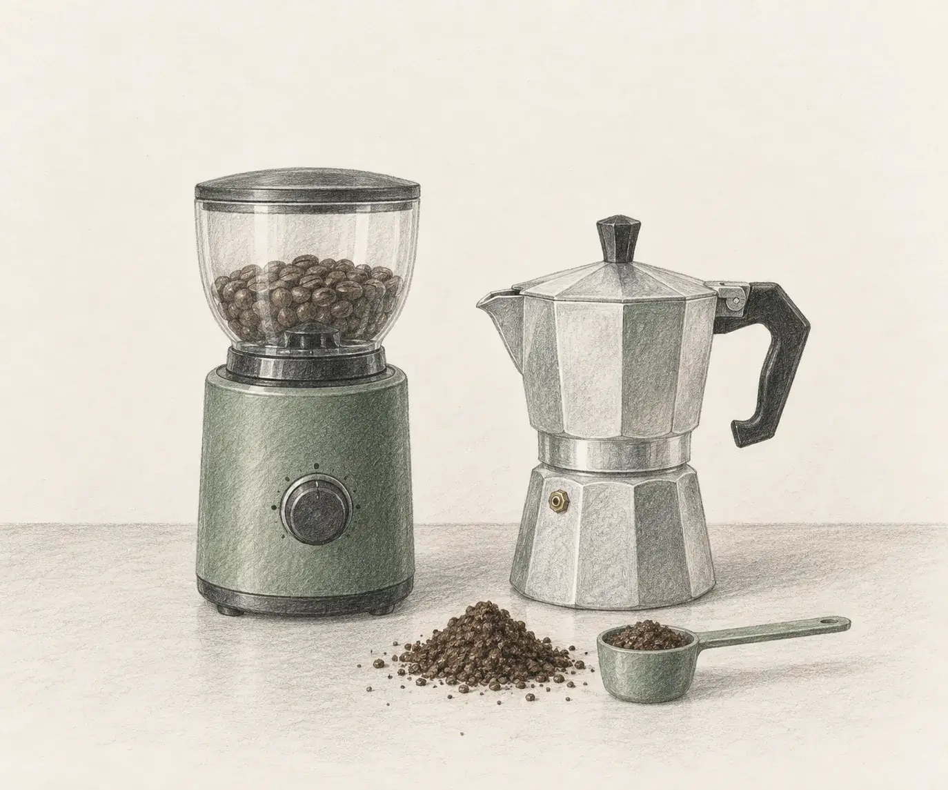 Pencil sketch of a burr coffee grinder and a moka pot on a counter with grounds in a basket
