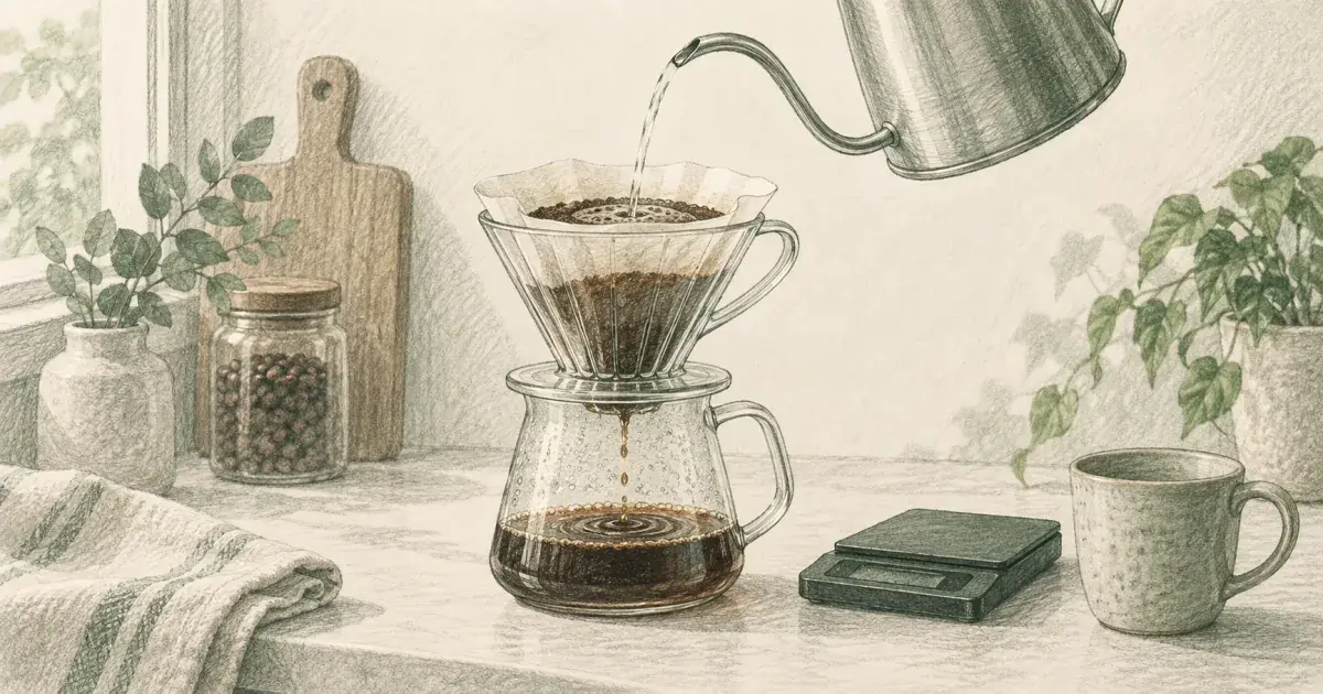 Coffee to water ratio calculator beside a pour over dripper and a cup