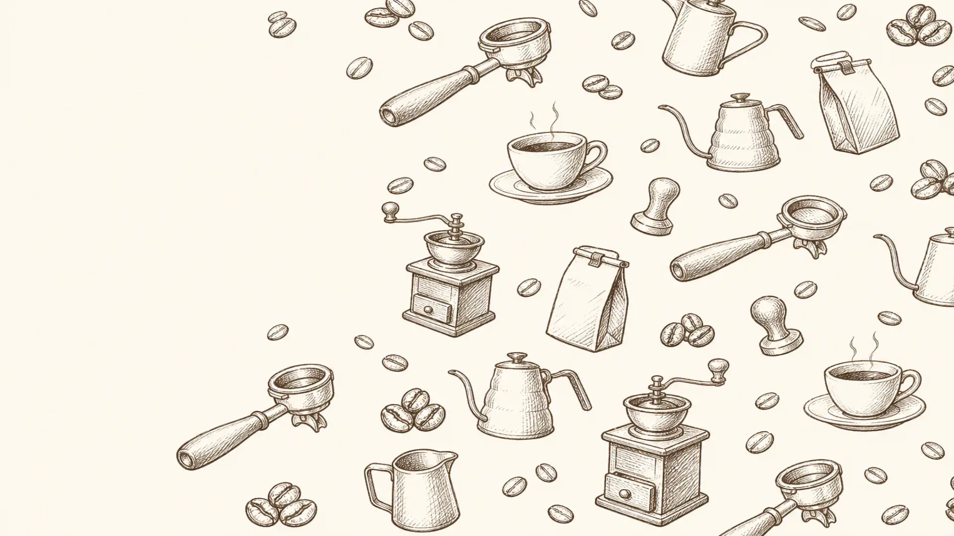 Monochrome pencil sketch pattern of coffee gear on warm cream paper