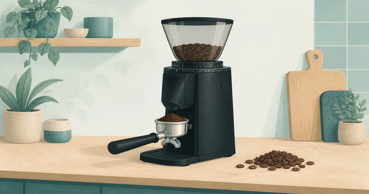 Baratza Sette 270 conical burr espresso grinder with portafilter cradle on a kitchen counter