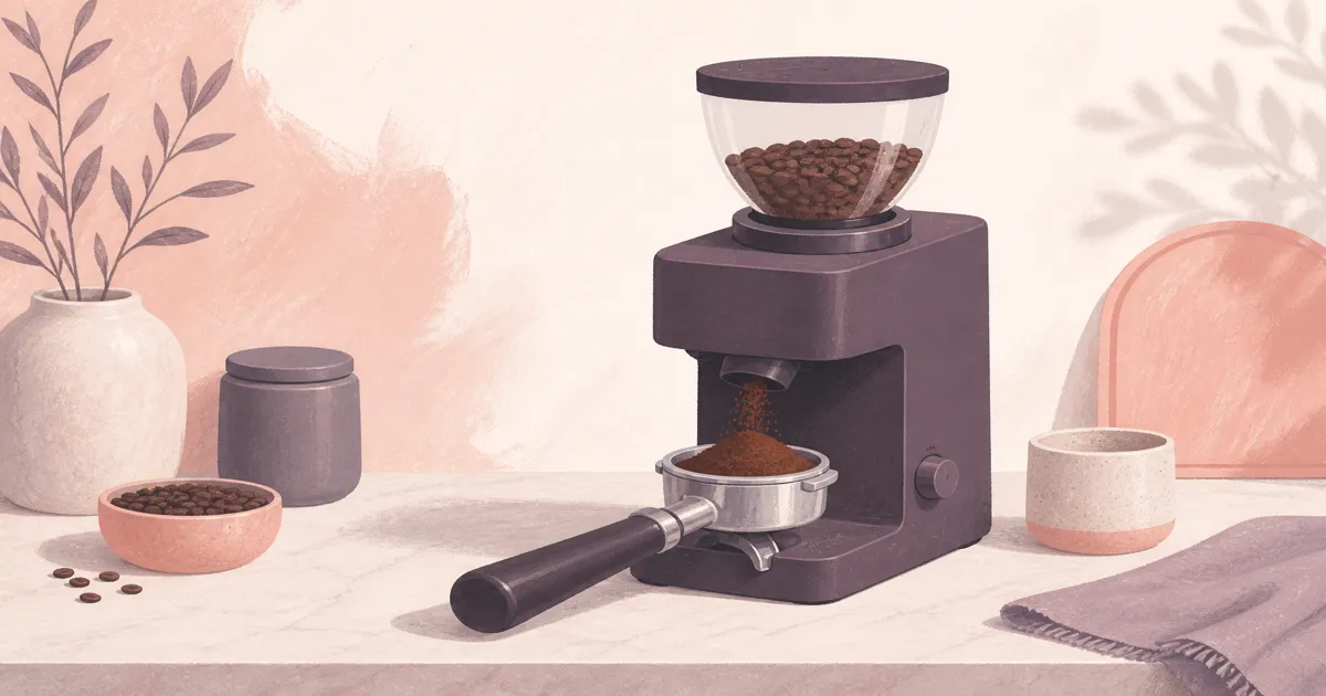 Espresso burr grinder dosing into a portafilter