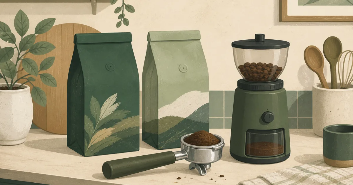 Bags of espresso beans beside a portafilter and grinder on a kitchen counter