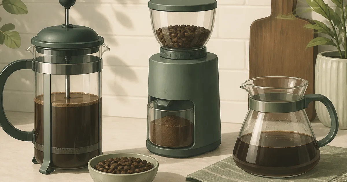 Burr grinder and French press on a home kitchen counter