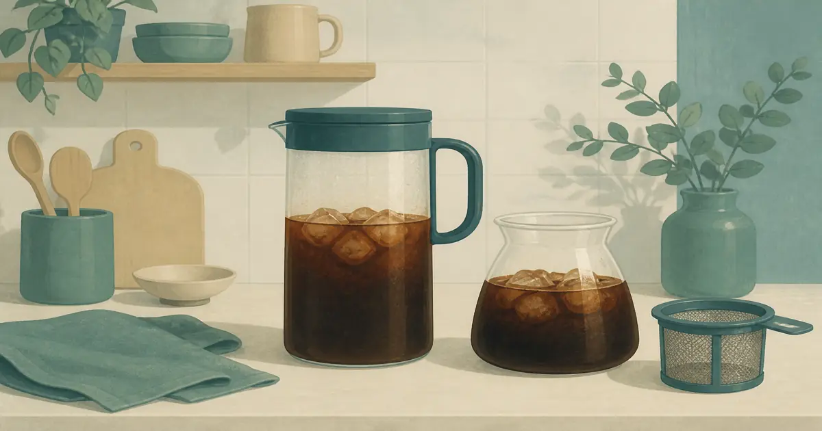 Cold brew coffee pitcher and glass carafe on a kitchen counter
