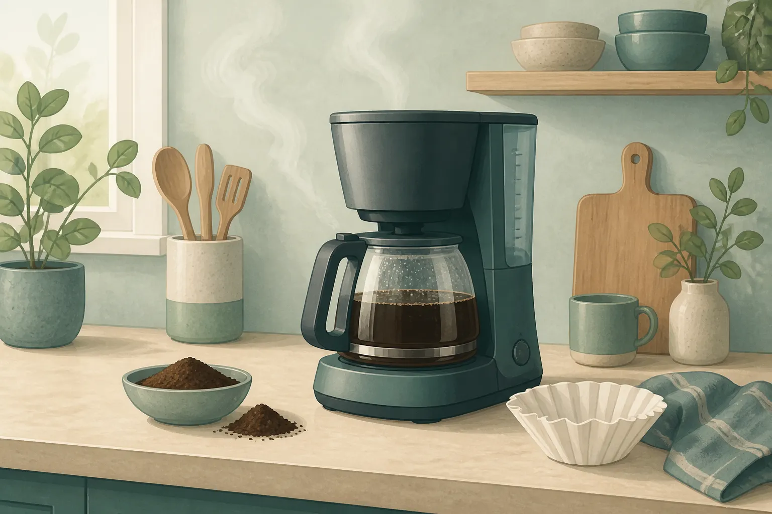 Drip coffee maker with glass carafe and filters on a kitchen counter