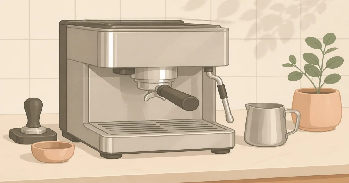 Dual boiler home espresso machine with portafilter, steam wand, and milk pitcher on a kitchen counter