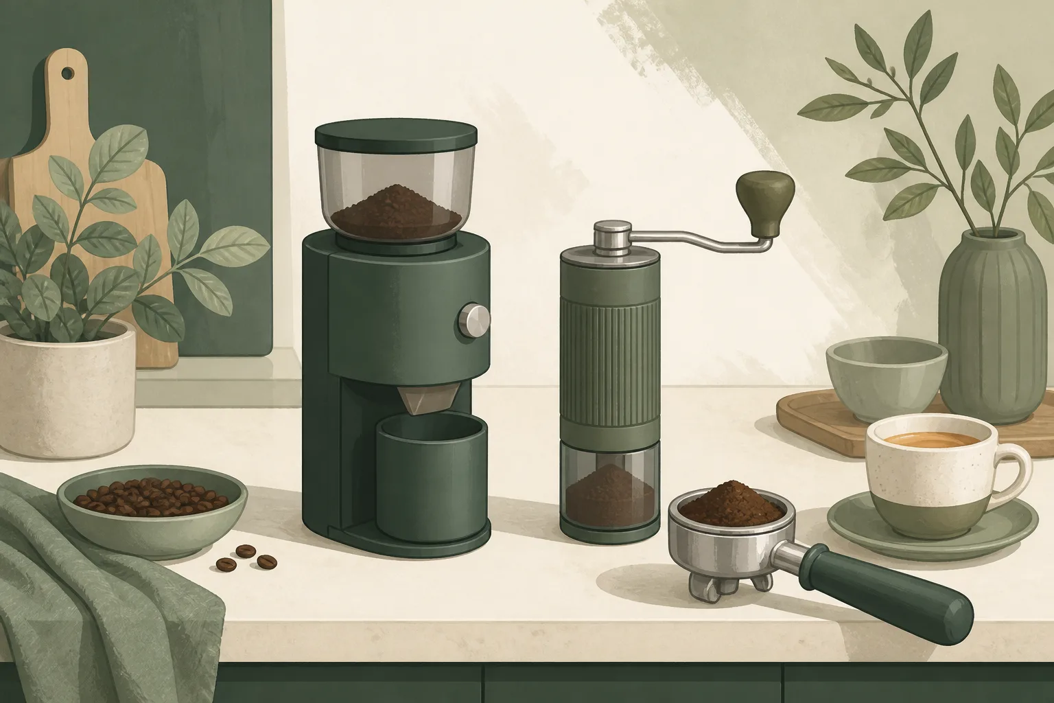 Electric and hand espresso grinders beside a portafilter