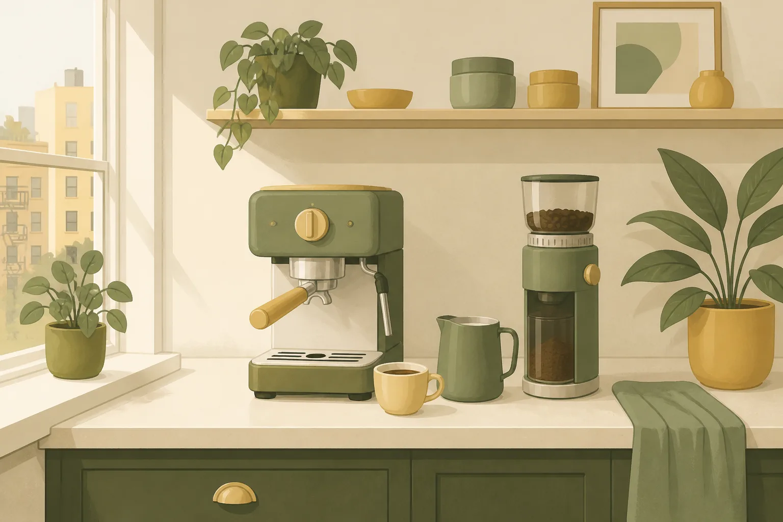 Compact espresso machine and slim grinder on an apartment kitchen counter