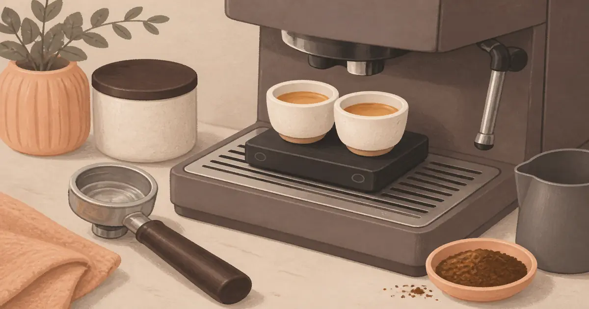 Compact espresso scale on a drip tray under two espresso cups