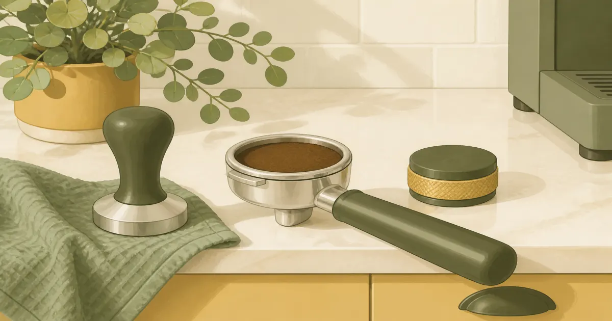 Espresso tamper and distribution tool beside a portafilter on a counter