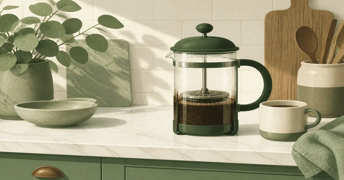 French press carafe with coffee grounds on a kitchen counter