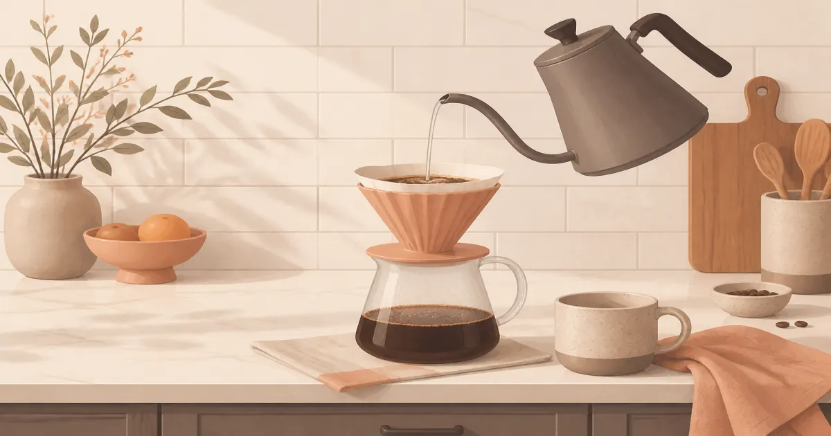Gooseneck kettle pouring into a pour over dripper on a kitchen counter