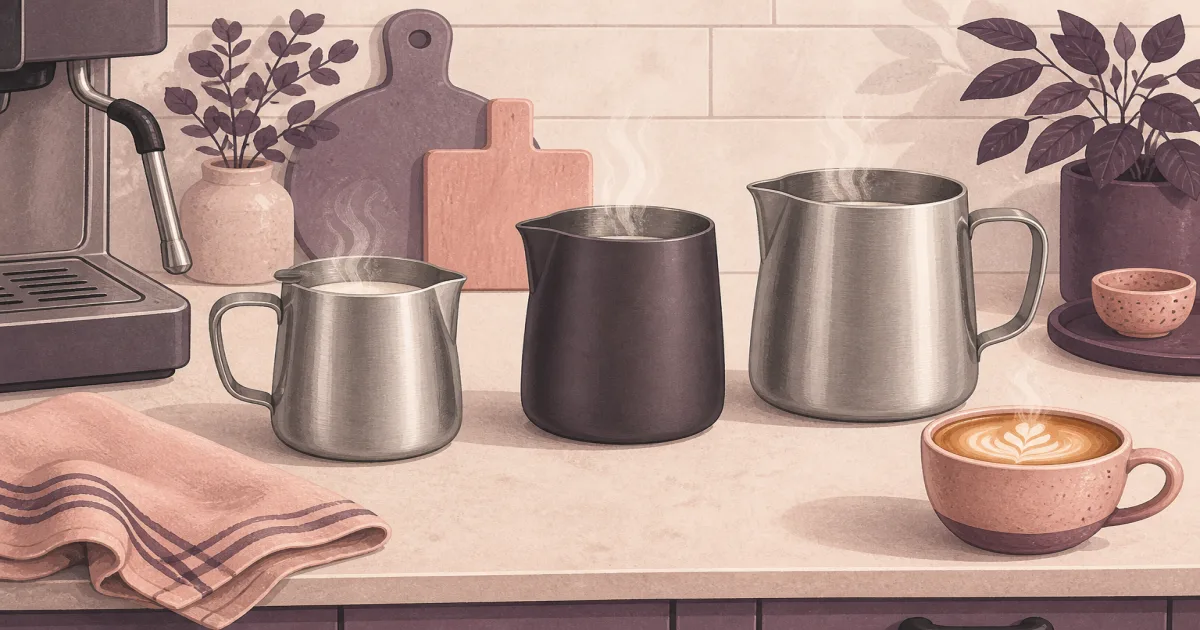 Three stainless steel milk frothing pitchers beside a home espresso machine