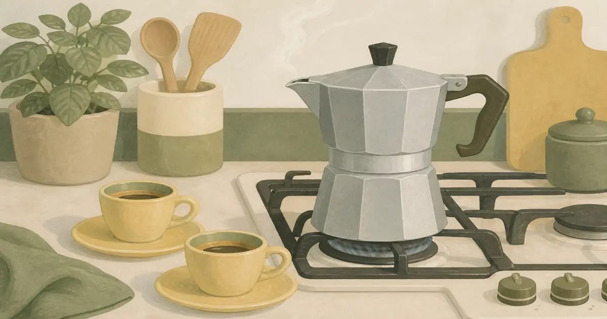 Aluminum moka pot on a kitchen stovetop beside espresso cups
