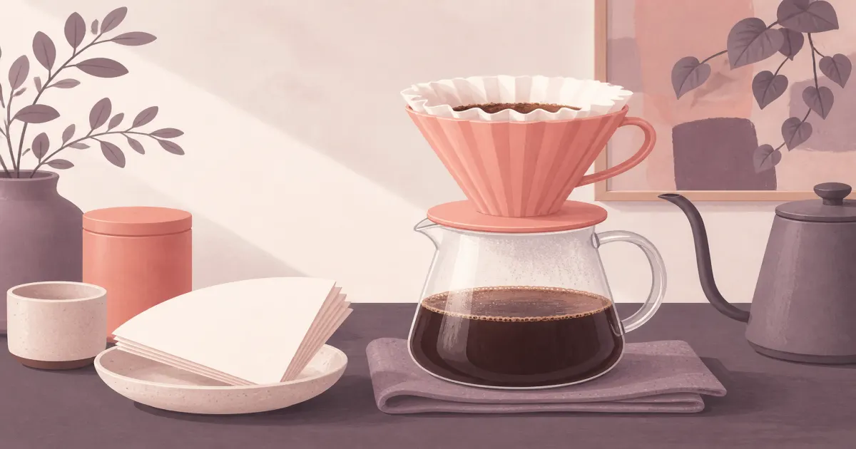 Pour over dripper and carafe on a kitchen counter with paper filters