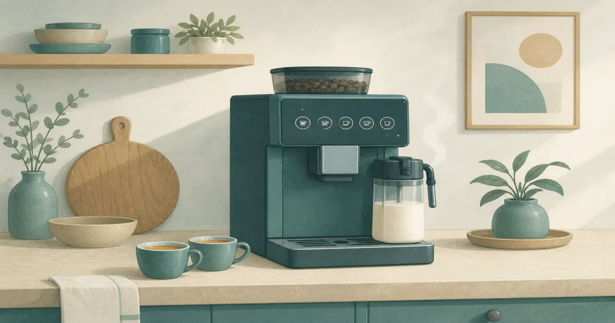 Super automatic espresso machine with milk carafe and cups on a kitchen counter