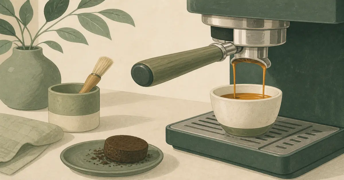 Bottomless portafilter with espresso flowing into a cup on a kitchen counter