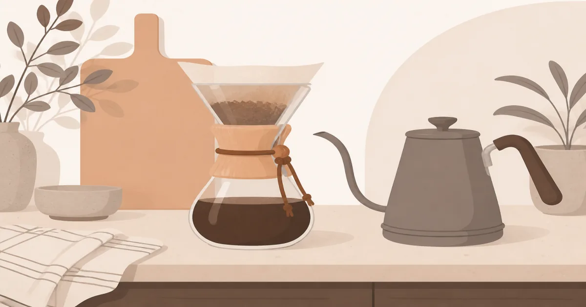 Chemex glass pour-over carafe with wood collar beside a gooseneck kettle