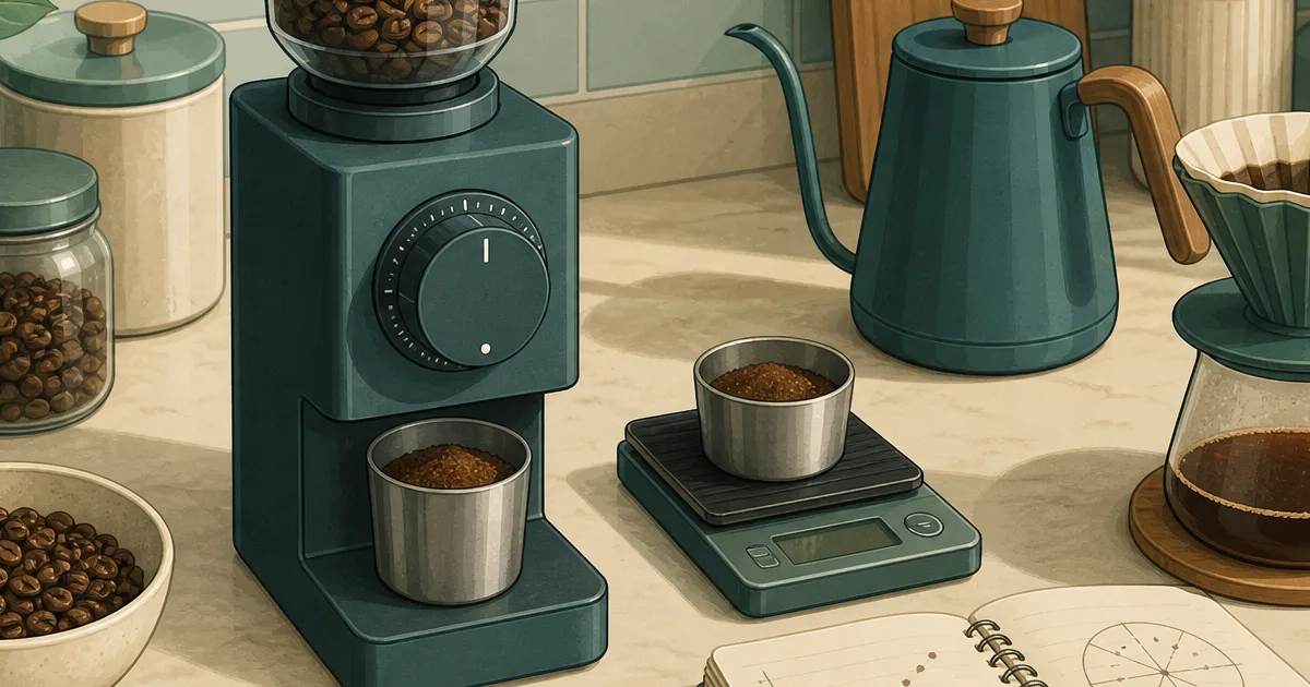Burr coffee grinder with adjustment dial, dosing cup, scale, and coffee beans