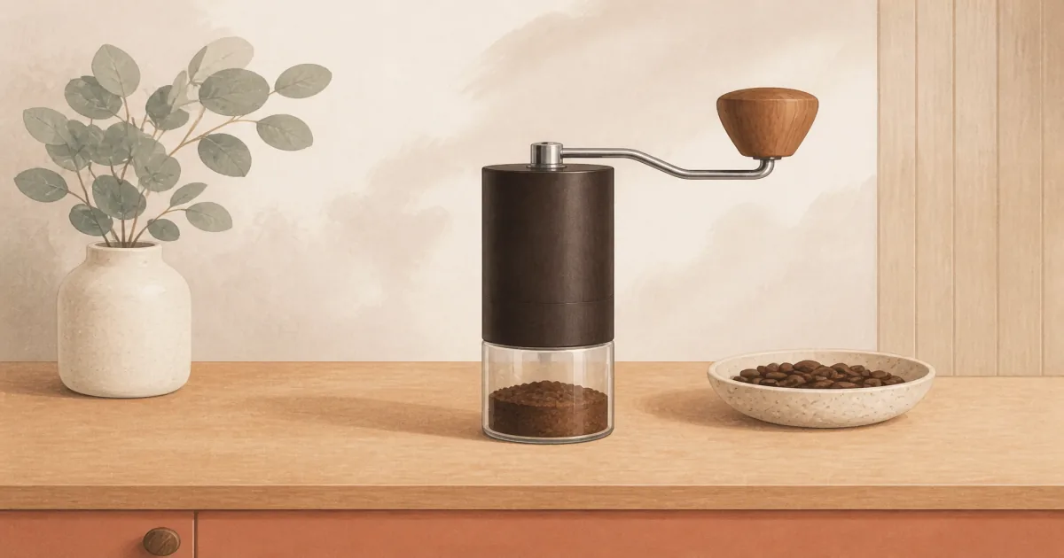 Comandante C40 MK4 Nitro Blade hand coffee grinder with catch jar on a wooden counter