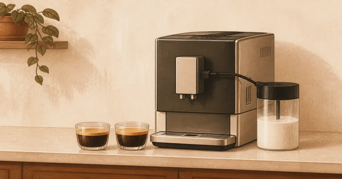 De'Longhi Dinamica Plus super automatic espresso machine with milk carafe and cups on a kitchen counter