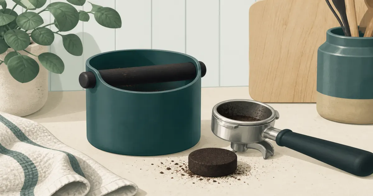Espresso knock box with portafilter and spent puck on a counter