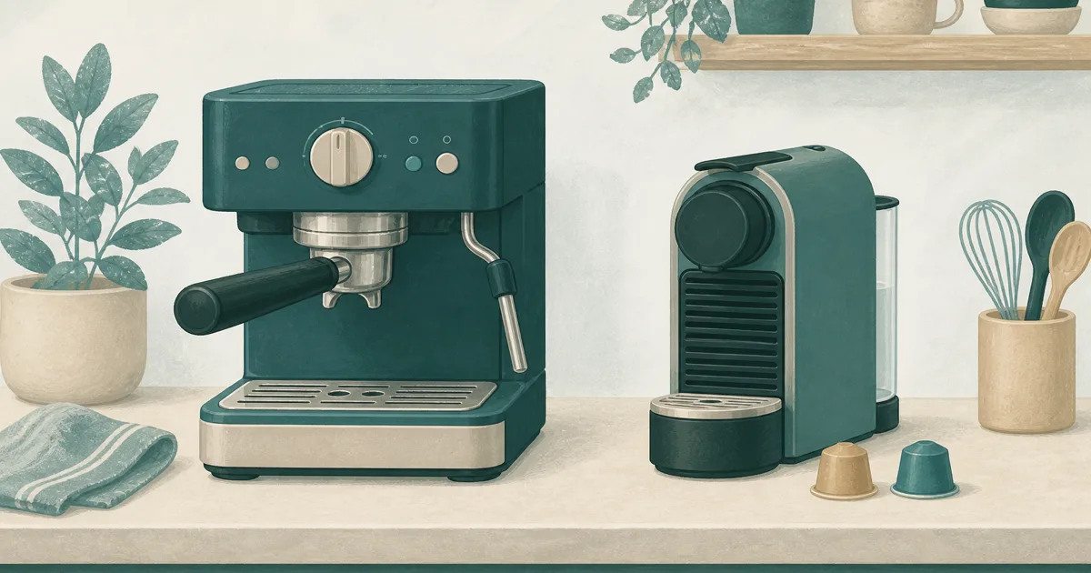 Portafilter espresso machine beside a Nespresso capsule machine on a kitchen counter