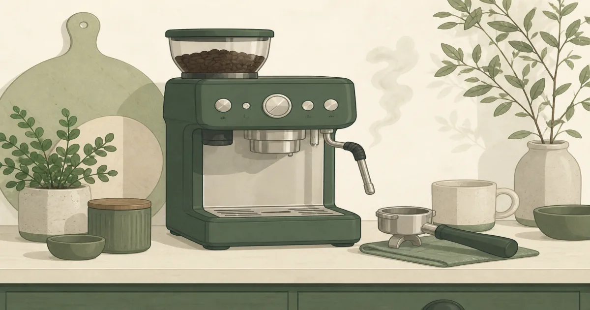 Home espresso machine with built-in bean hopper and portafilter on a counter