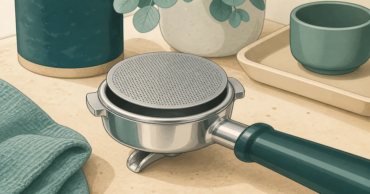 Thin stainless espresso puck screen resting on a portafilter basket