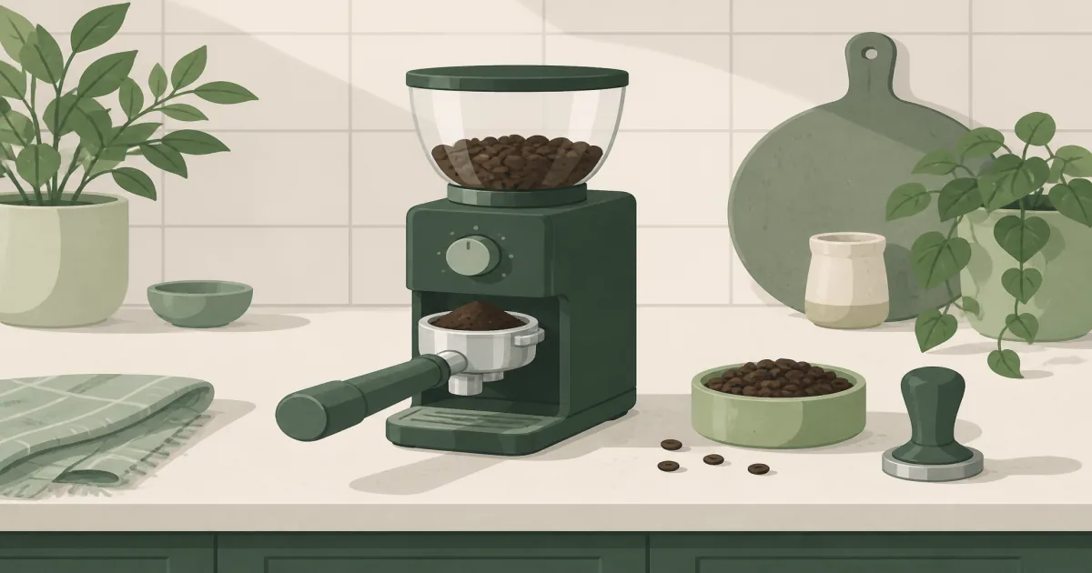 Compact Eureka espresso grinder with portafilter and beans on a kitchen counter