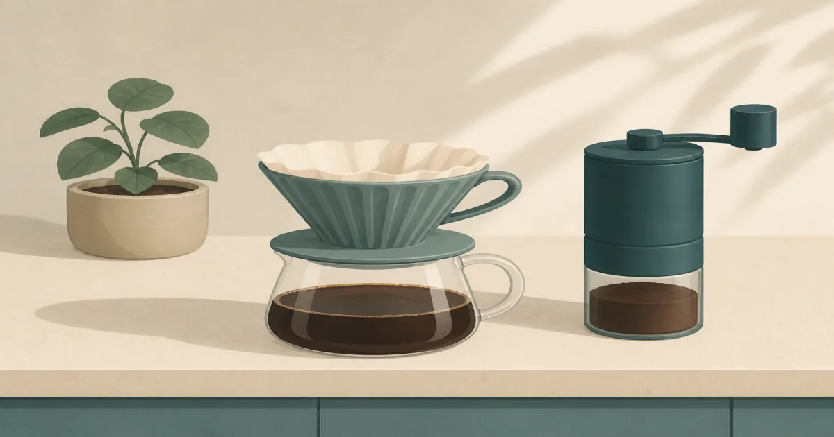Compact black Fellow Ode Gen 2 flat-burr brew grinder beside a pour-over dripper on a kitchen counter