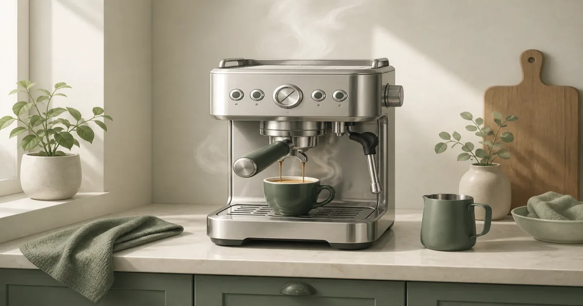 Stainless home espresso machine with 58mm portafilter and cup on a kitchen counter