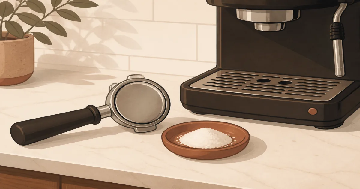 Espresso portafilter with a blind backflush disk and cleaning powder beside a home espresso machine