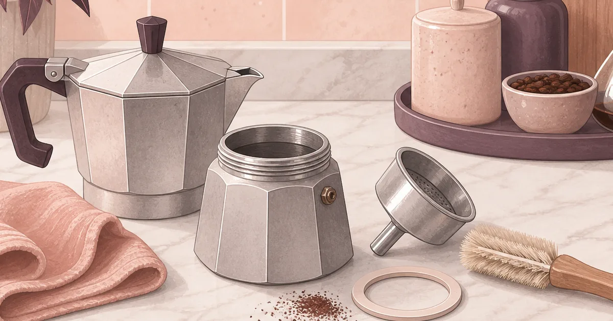 Disassembled moka pot with funnel, gasket, brush, and dish towel