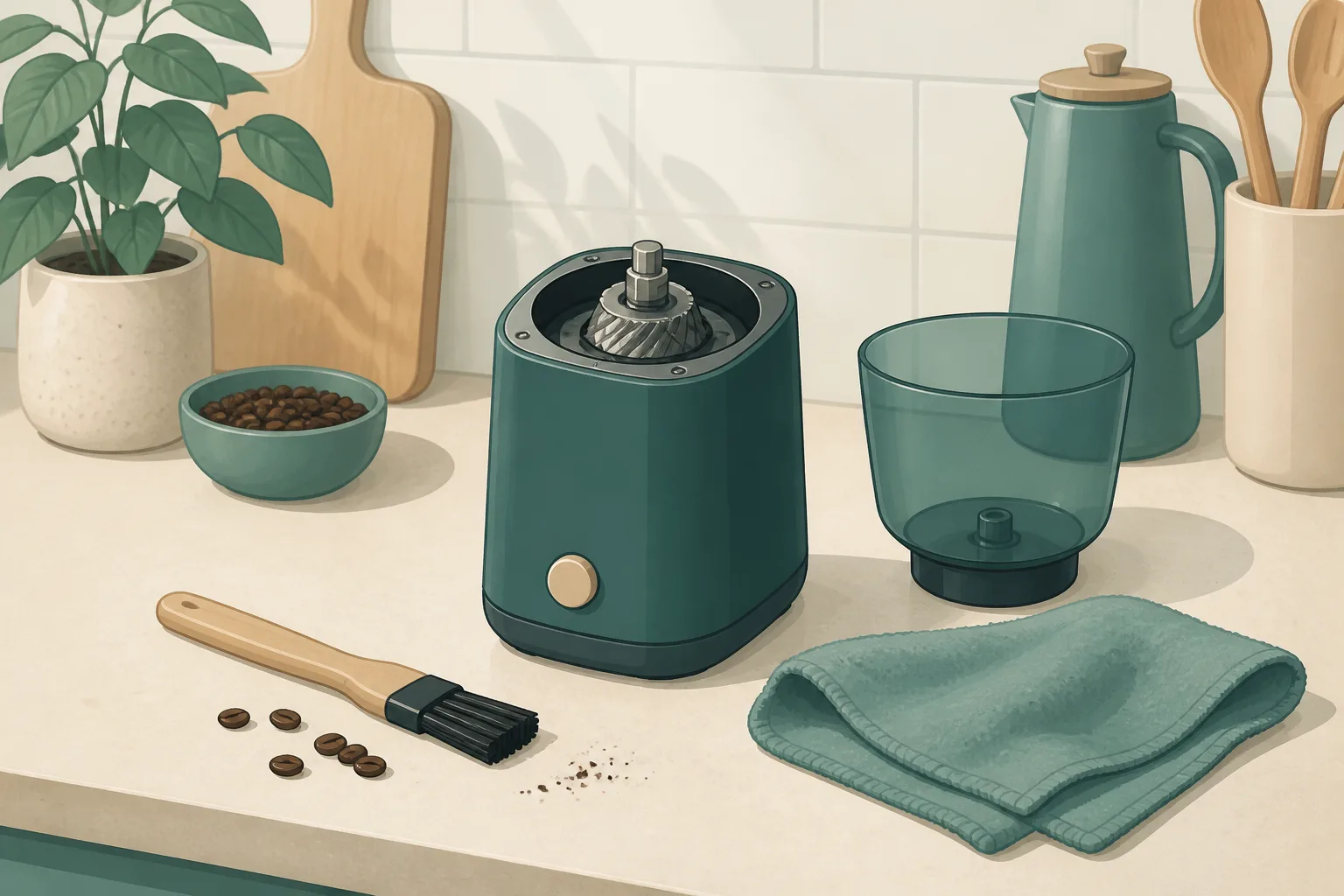 Coffee grinder with hopper removed, brush, and cloth on a kitchen counter