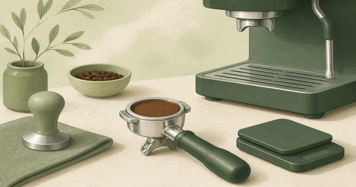 Home coffee gear on a warm kitchen counter