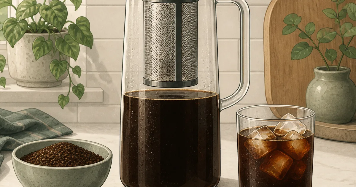 Cold brew pitcher with a mesh filter, coarse coffee grounds, and iced coffee