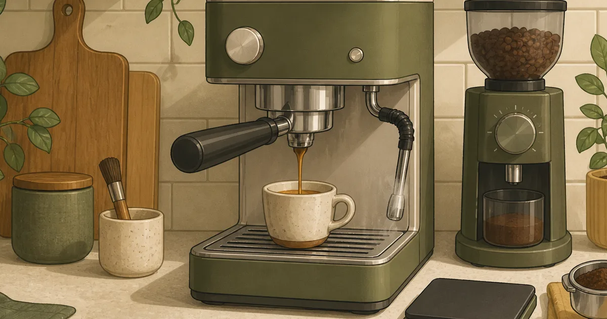 Home espresso machine pulling a shot beside a grinder and scale