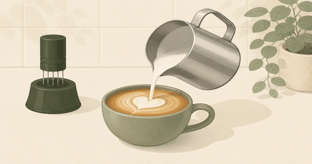 Stainless milk frothing pitcher pouring latte art into a ceramic cup on a home espresso counter