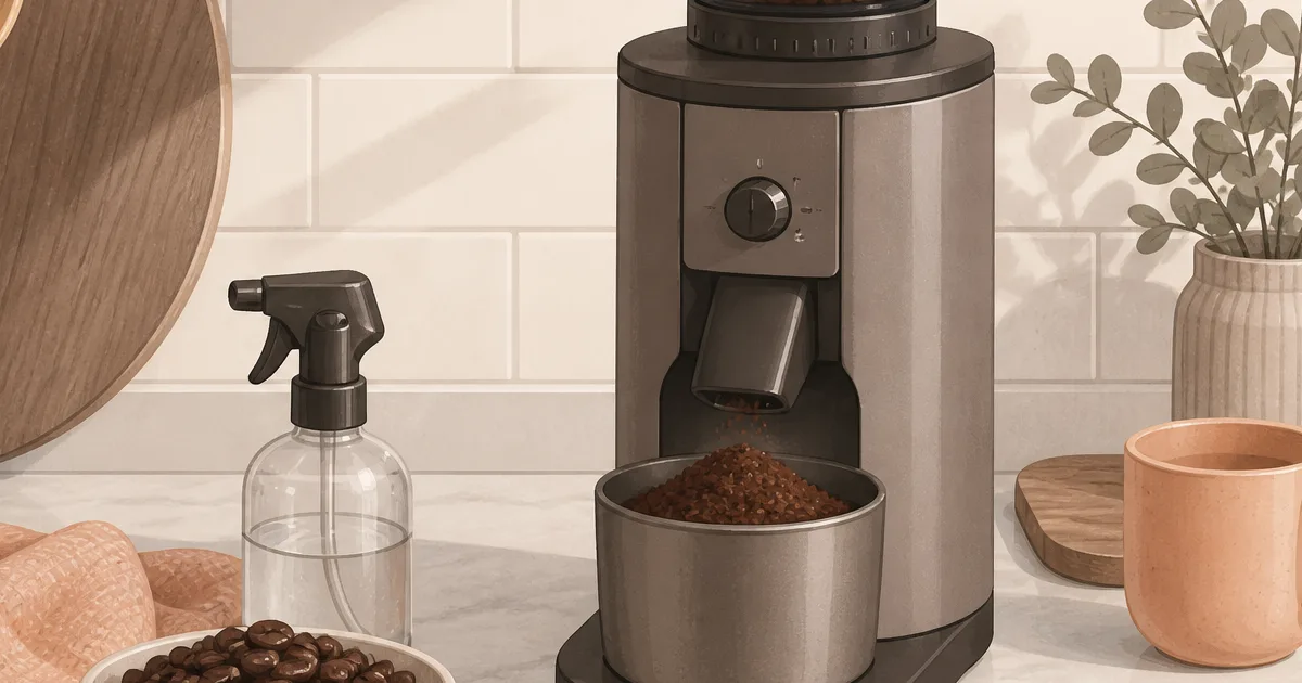Burr coffee grinder with mist sprayer, grounds cup, brush, and coffee beans