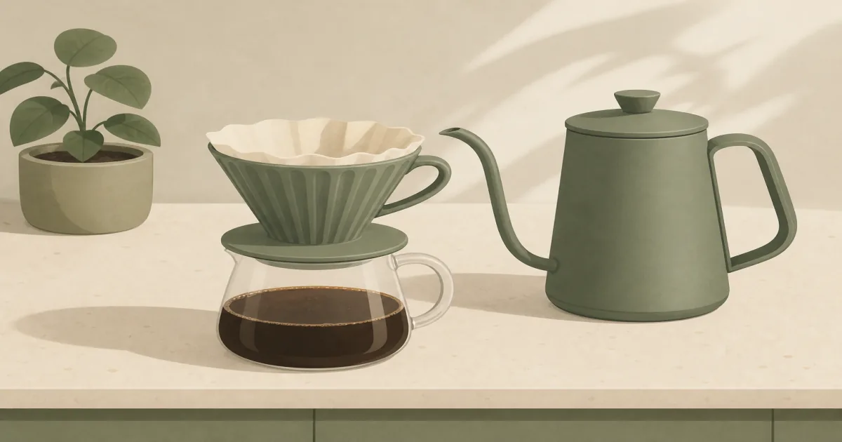 Kalita Wave flat-bottom dripper with paper filter and gooseneck kettle on a counter