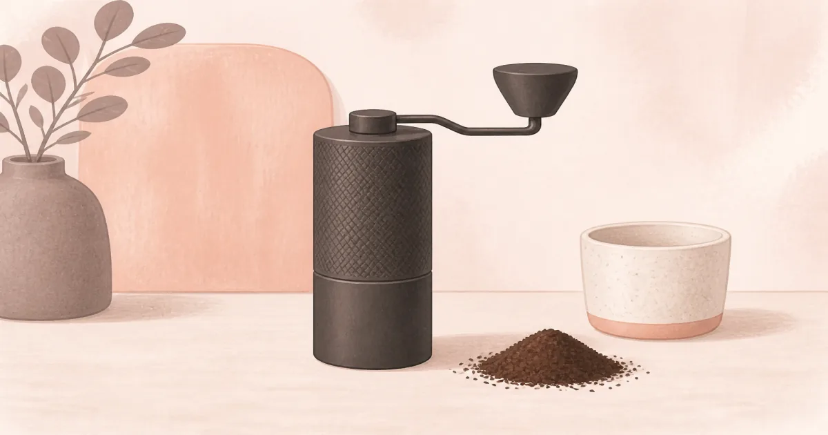 KINGrinder K6 manual hand coffee grinder with bent handle on a kitchen counter beside a dose of ground coffee