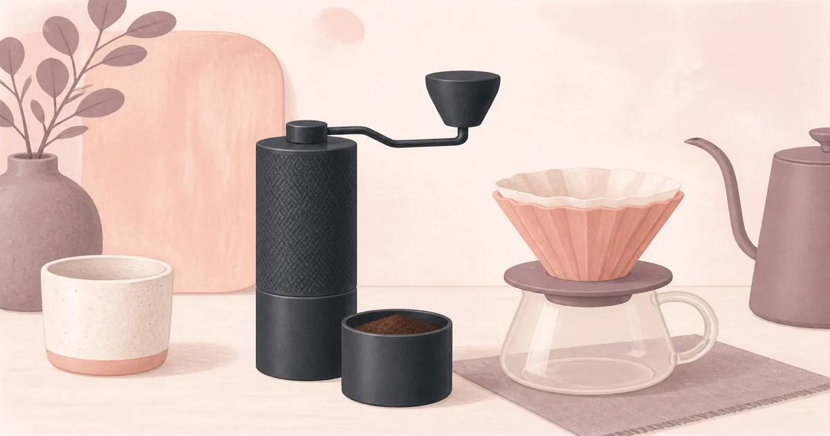 Timemore Chestnut C3 manual coffee grinder beside pour-over dripper on a kitchen counter